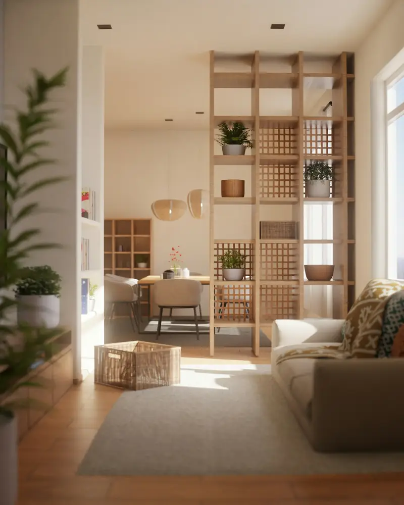 Salón luminoso con estantería y detalles de madera